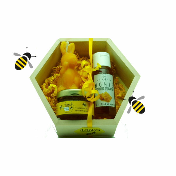 Geschenkwabe Ostern Osterhase Bienenwachs, Honigshampoo, Honigglas